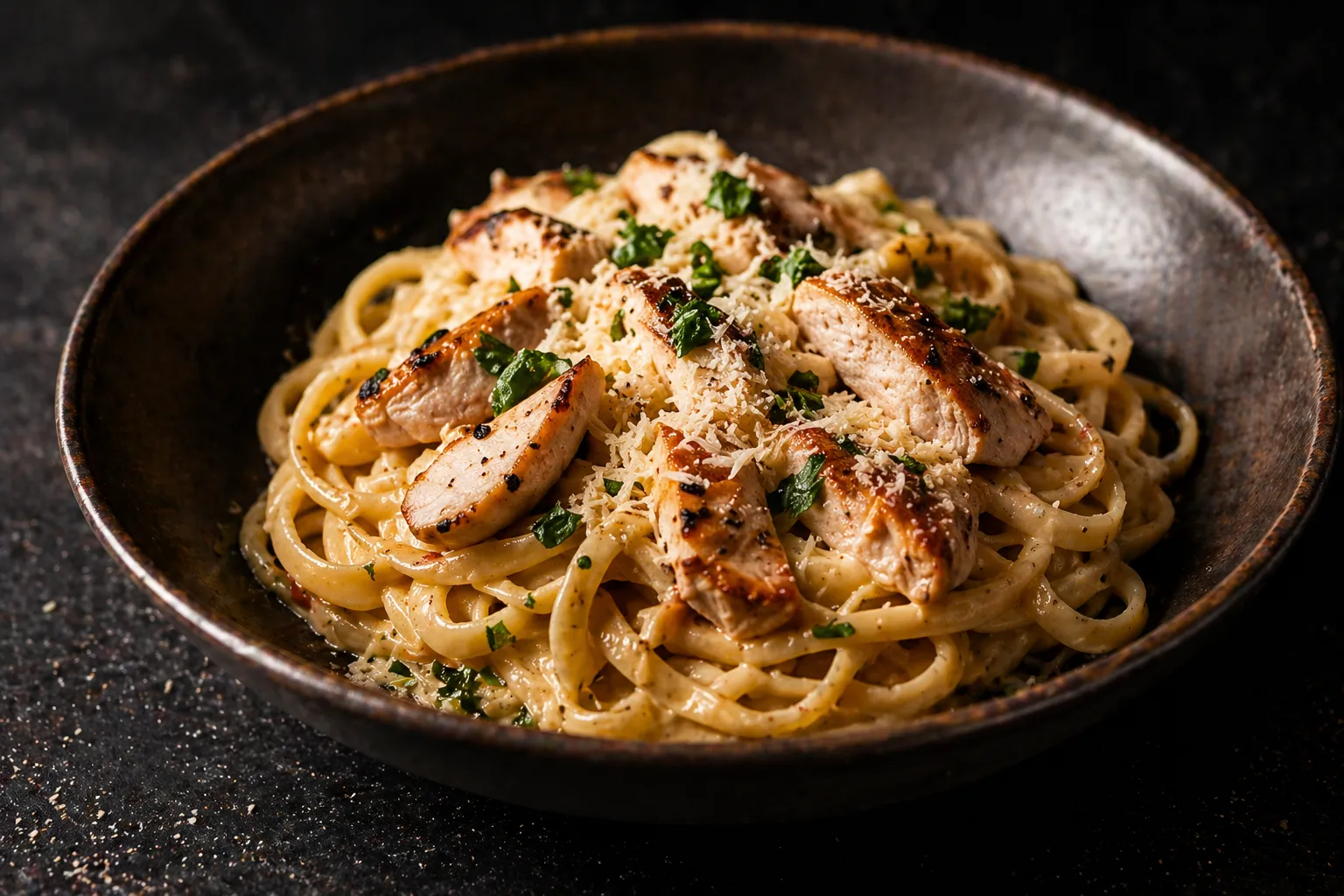 Creamy pasta with grilled chicken topped with herbs and parmesan cheese