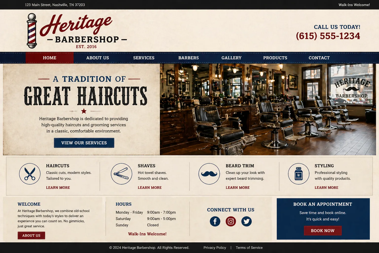 Anonymized barbershop website before premium repositioning