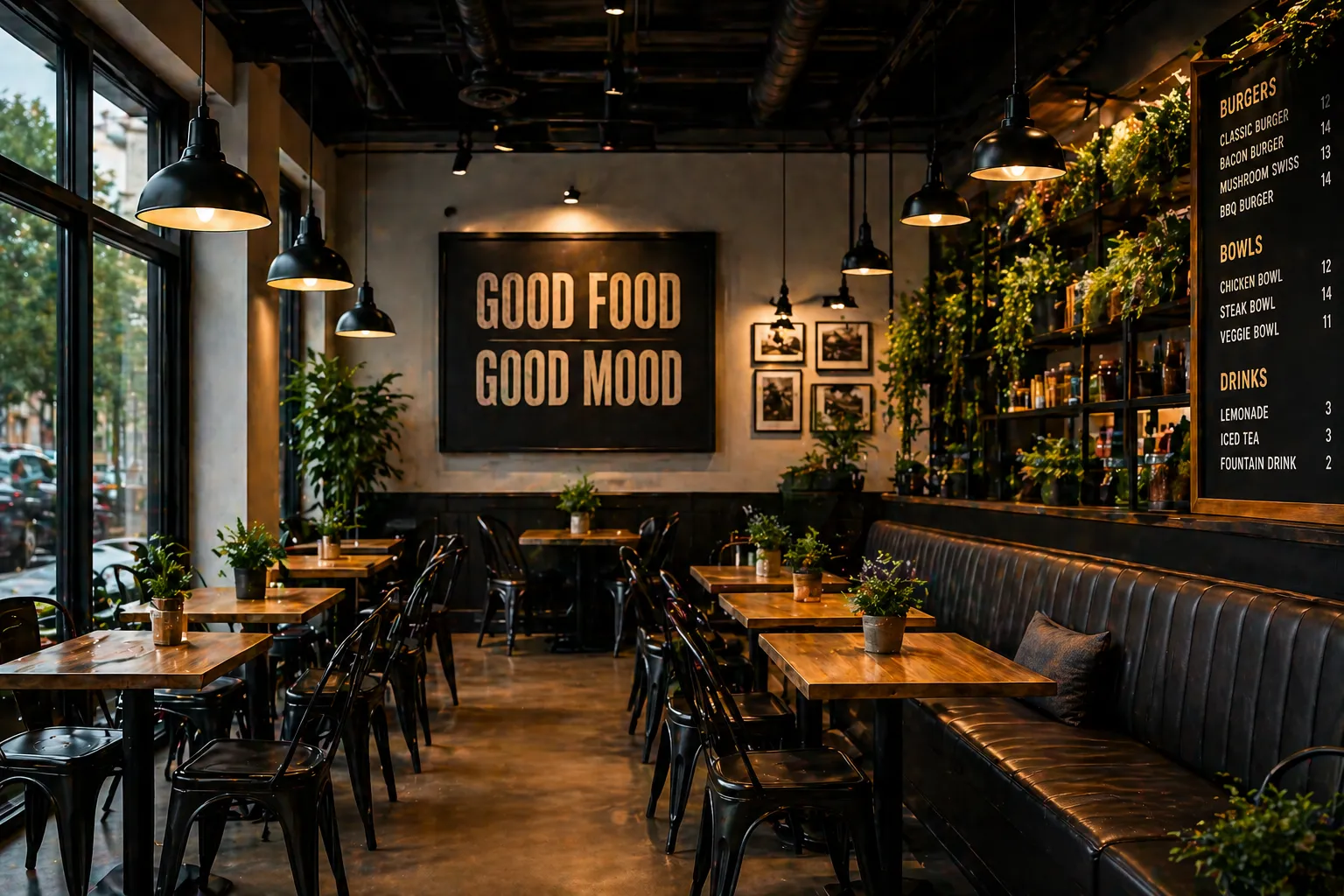 Cozy industrial café interior with warm lighting, wooden tables, and modern seating