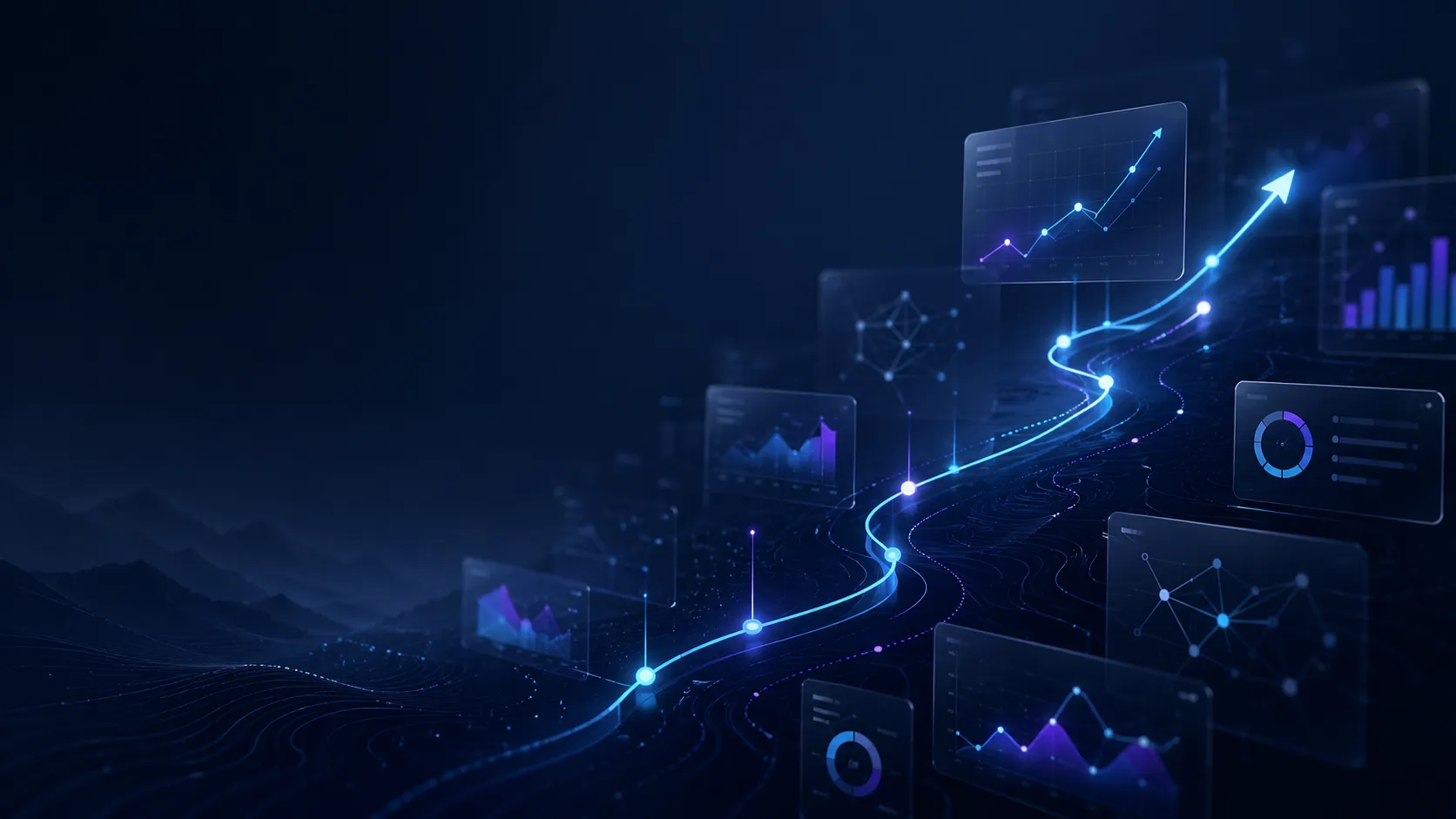 Abstract growth strategy visual showing a rising path, connected data points, and modern business analytics styling