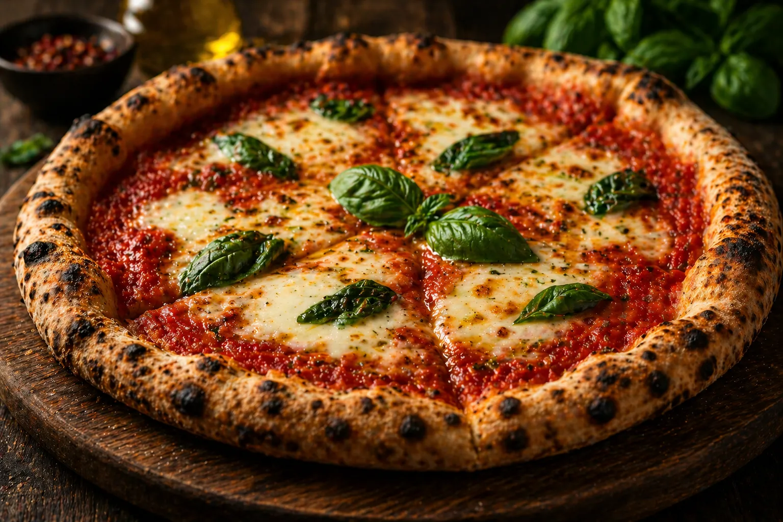 Margherita pizza with fresh basil mozzarella and tomato sauce on rustic wooden table