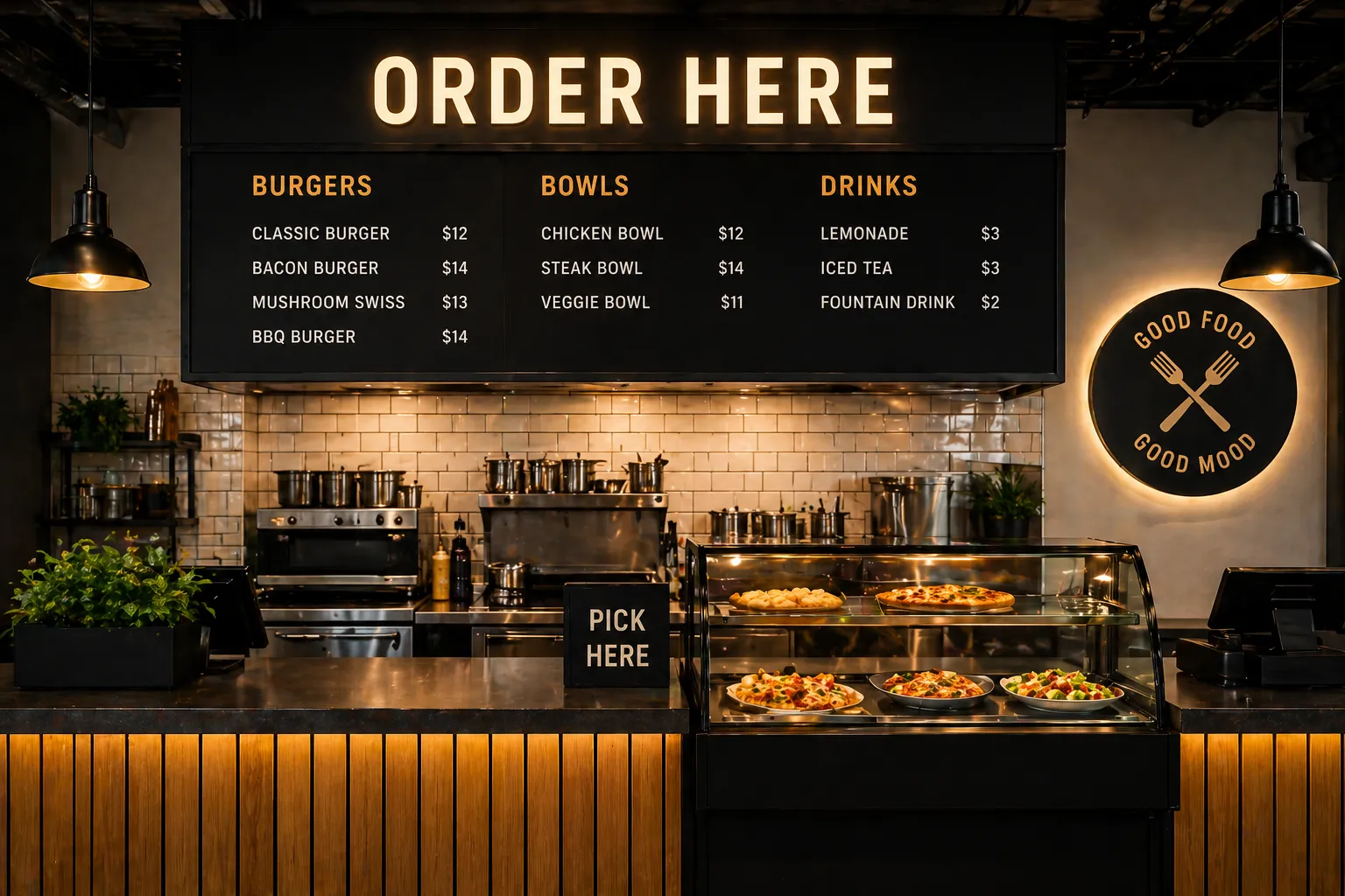 Modern fast casual restaurant interior with clean design and open seating layout